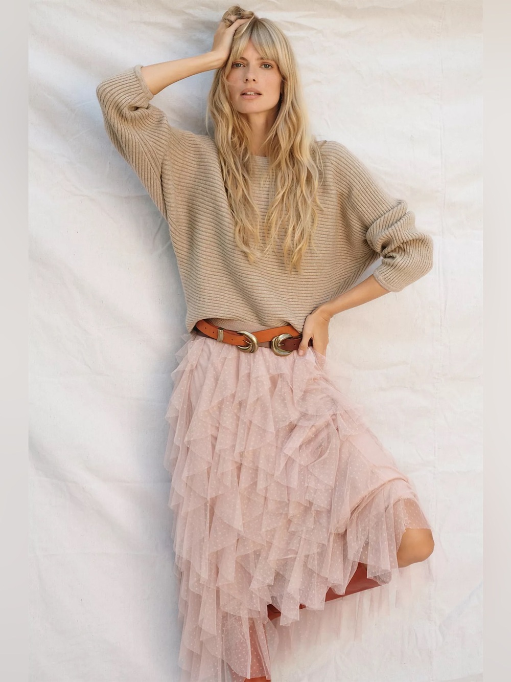 Anthropologie Ribbed Boatneck Off-the -Shoulder Sweater Oatmeal Tan Sz S Chic